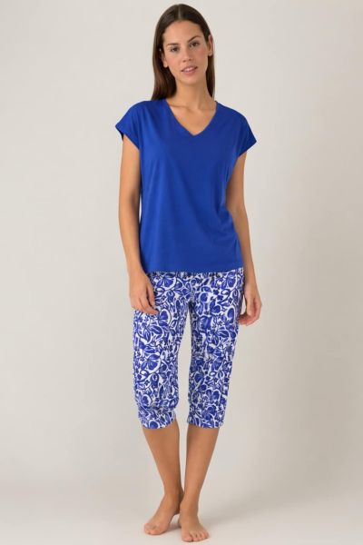 Εικόνα της Noidinotte Plus Size Βαμβακερή Μπλε Κοντομάνικη Γυναικεία Πιτζάμα & Εμπριμέ Κάπρι.
