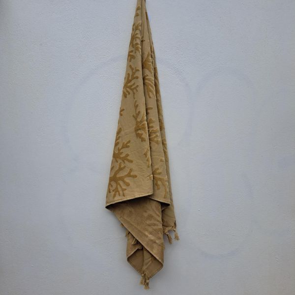 Εικόνα της Noidinotte Μπεζ/Ώχρα Βαμβακερή Πετσέτα Θαλάσσης Με Ανάγλυφο Σχέδιο & Κρόσια (180X90).