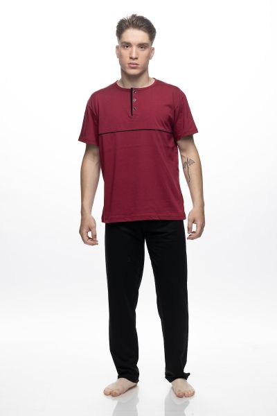 Εικόνα της 3 Τεμάχια Galaxy Βαμβακερή Ανδρική Πιτζάμα Μπορντό/Μαύρο.