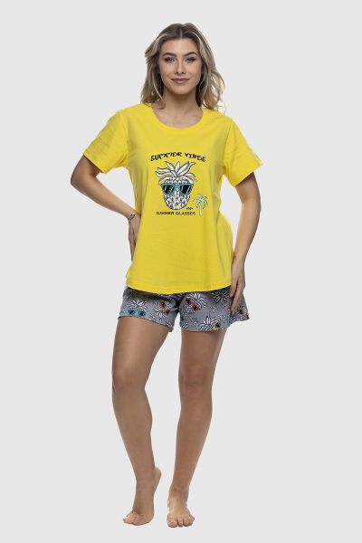 Εικόνα της Galaxy Καλοκαιρινό Γυναικείο Σετ Πιτζάμας Κίτρινο 600-26
