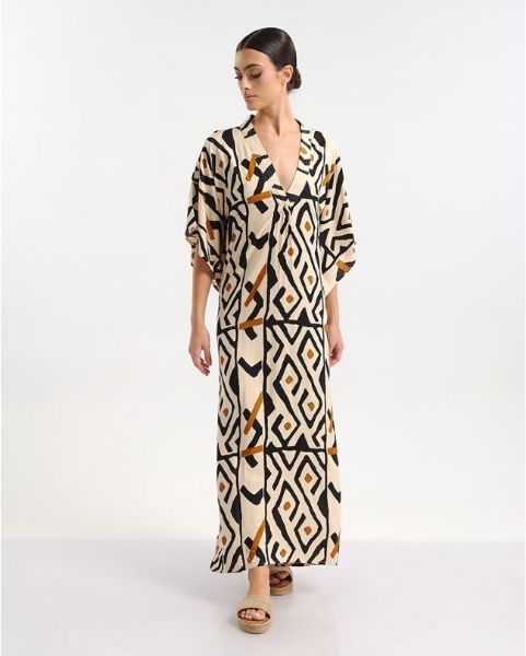 Εικόνα της Ble Resort Collection Καφτάνι Μακρύ Μπεζ/Μαύρο.