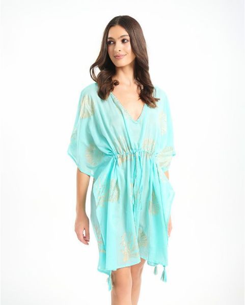 Εικόνα της Ble Resort Collection Τιρκουάζ Καφτάνι Με Χρυσά Κοράλια.