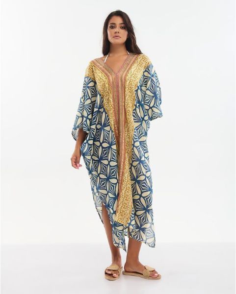 Εικόνα της Ble Resort Collection Μακρύ Καφτάνι Μπεζ/Μπλε.