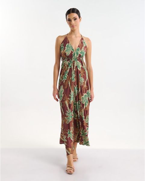 Εικόνα της Ble Resort Collection Μακρύ Φόρεμα Εξώπλατο Καφέ/Πράσινο.