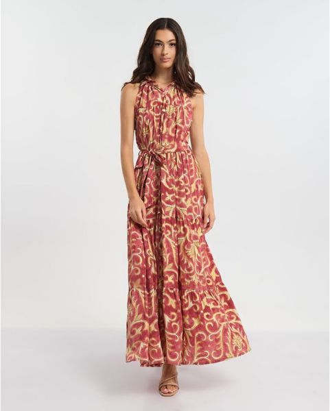 Εικόνα της Ble Resort Collection Αμάνικο Μακρύ Φόρεμα Με Κουμπιά Κεραμιδί/Χρυσό.