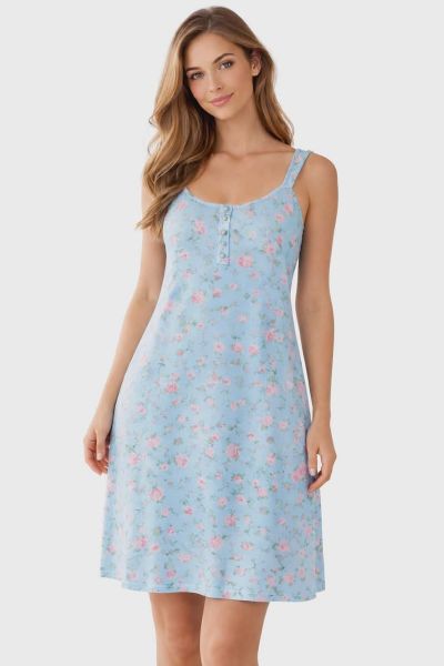 Εικόνα της Passion Γαλάζιο Βαμβακερό Νυχτικό Με  Κουμπιά.