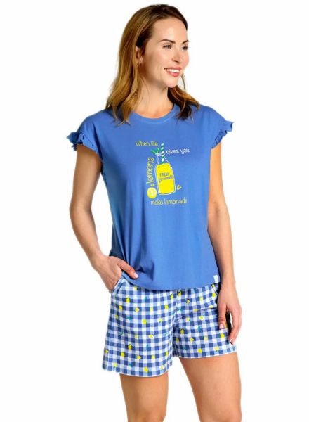 Εικόνα της Muydemi Βαμβακερή Γυναικεία Πιτζάμα Μπλε Με Καρό Σορτς.