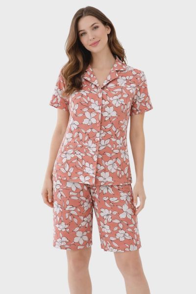 Εικόνα της Passion Κεραμιδί Γυναικεία Κουμπωτή Πιτζάμα Φλοράλ Με Βερμούδα.