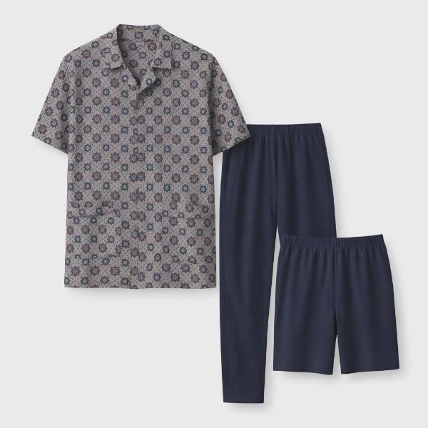 Εικόνα της Οδυσσεύ Γκρι/Μπλε Κουμπωτή Πιτζάμα Βαμβακερή Με Μακρύ Παντελόνι & Σορτς.