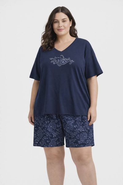 Εικόνα της Plus Size Noidinotte Βαμβακερή Μπλε Γυναικεία Πιτζάμα Με Εμπριμέ Βερμούδα.