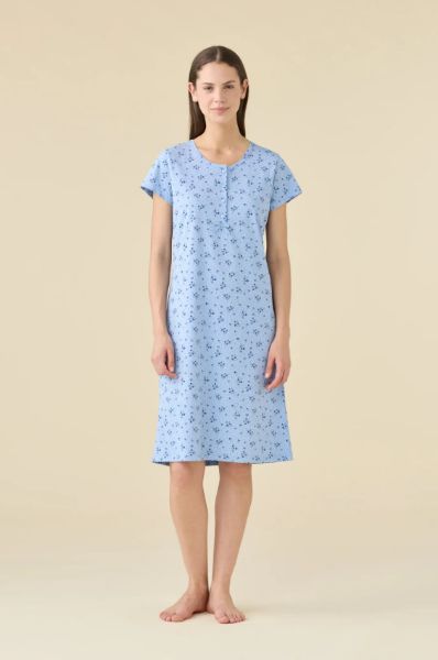 Εικόνα της Noidinotte Plus Size Βαμβακερό Γαλάζιο Νυχτικό Εμπριμέ Κοντομάνικο.