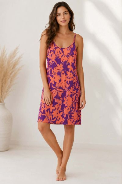 Εικόνα της Passion Viscose Κοραλί/Μωβ Εμπριμέ Γυναικείο Νυχτικό Με Ραντάκι.