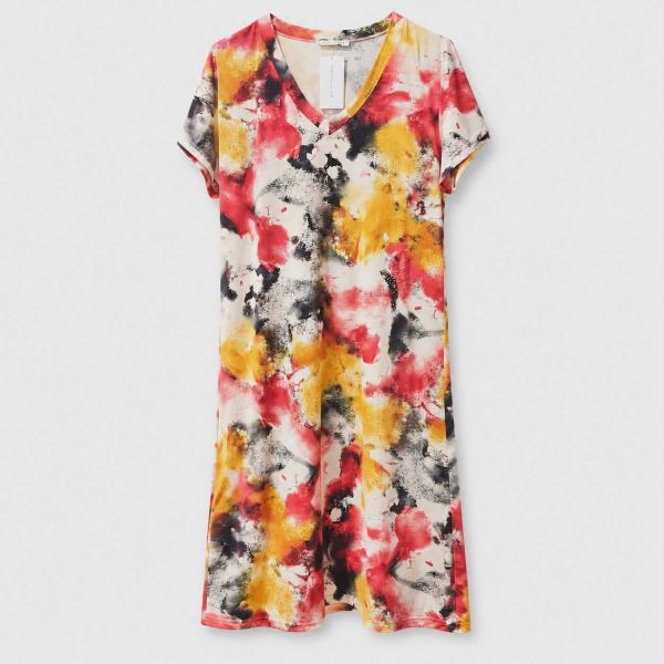 Εικόνα της Passion Viscose Κίτρινο/Κόκκινο Εμπριμέ Φόρεμα Με Ζαπονέ Μανίκι.
