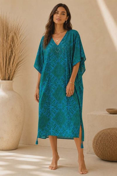 Εικόνα της Ble Resort Collection Βαμβακερό Midi Πράσινο/Τιρκουάζ Καφτάνι Με Χάντρες.