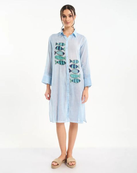 Εικόνα της Ble Resort Collection Βαμβακερή Γαλάζια Πουκαμίσα Με Κεντητά Ψάρια.