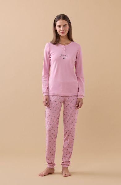 Εικόνα της Noidinotte Βαμβακερή Ροζ Γυναικεία Πιτζάμα Με Φιόγκους.