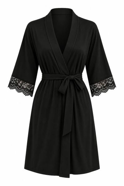 Εικόνα της Elite Viscose Μαύρη Σταυρωτή Ρόμπα Με Δαντέλα Στο Μανίκι.