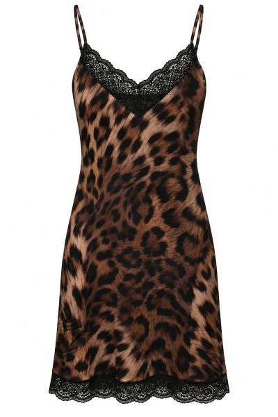 Εικόνα της Elite Viscose Καφέ Λεοπάρ Νυχτικό Με Ραντάκι & Δαντέλα.